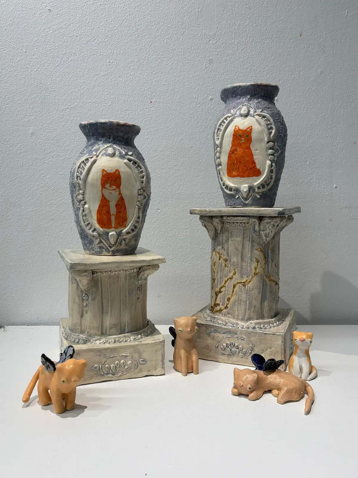 Vases made to honor my two best friends sunny and ginger. I miss you everyday ginger  #linocut #ceramics #ceramicvase #claycat #fairy 