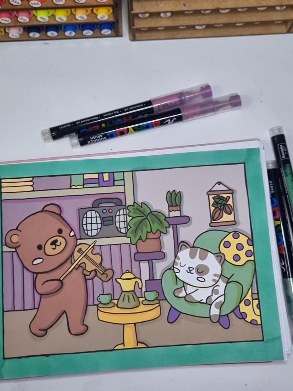Consertando um colorido em comfy cozy com canetas acrilicas  #creatorsearchinsights #coloring #coloringbookforadults #fofinho #guangna #comfycozy #comfy #cozy @Pamela Melo Colorindo 
