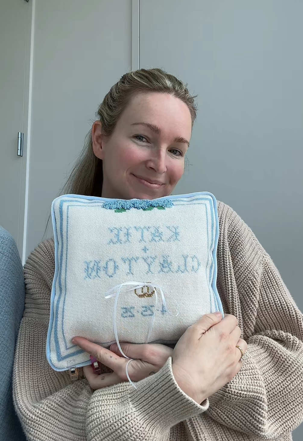 Replying to @Made In Good Hands THE NEEDLEPOINT RING BEARER PILLOW IS FINISHED 🤍💍 #needlepointtiktok #weddingdiy #2025bride #wipwednesday #ringbearerpillow #needlepoint #needlepointdesign 