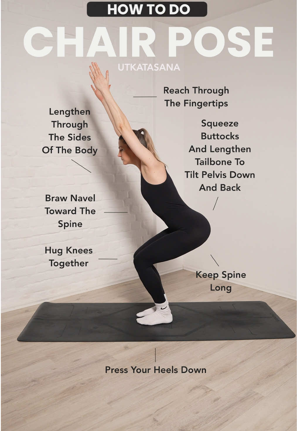How to do: CHAIR POSE (UTKATASANA) 1. Press your heels down 2. Hug knees together 3. Braw navel toward the spine 4. Lengthen through the sides of the body 5. Reach through the fingertips 6. Squeeze buttocks and lengthen tailbone to tilt pelvis down and back 7. Keep spine long #yoga #yogagirl #asana #pilates #chairpose #yogapose #yogaposes #yogapractice #yogaposesdaily 