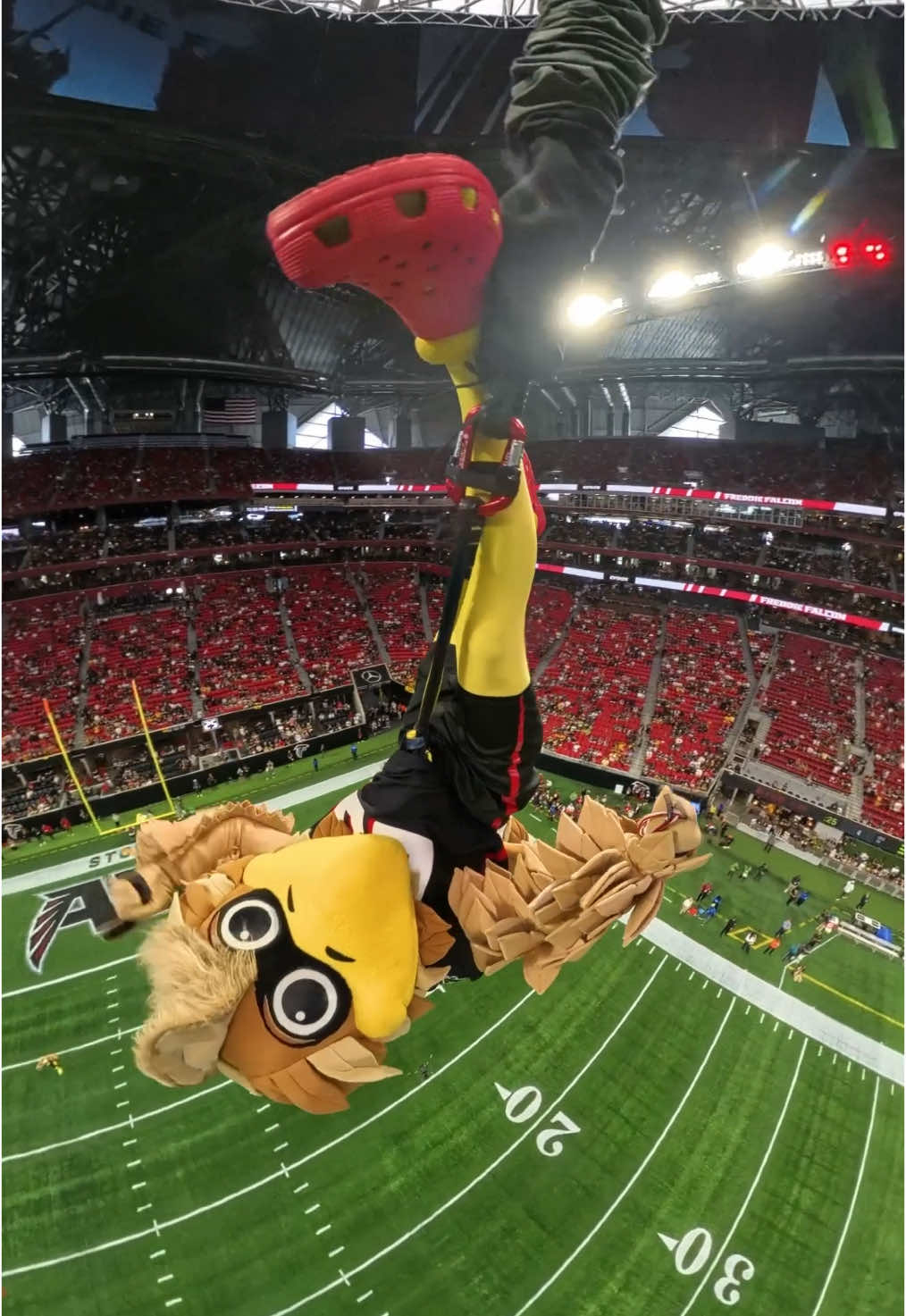 Highest rope swing drop (indoors): 43.71 m (143 ft 5.25 in) by @Atlanta Falcons Freddie Falcon.  Good luck to the Atlanta Falcons who made Guinness World Records history and are now finalists in @The Webby Awards. Check out the link in our bio to find out more and give them a vote! 🗳️