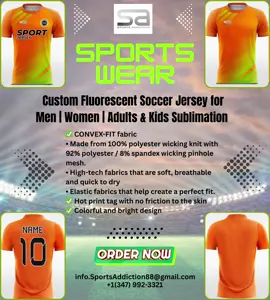 Custom Fluorescent Soccer Jersey for Men | Women | Adults | Kids Sublimation  ✉️ info.SportsAddiction88@gmail.com 📱 +1(347) 992-3321 ✅ CONVEX-FIT fabric • Made from 100% polyester wicking knit with 92% polyester / 8% spandex wicking pinhole mesh. • High-tech fabrics that are soft, breathable and quick to dry • Elastic fabrics that help create a perfect fit. ✅ Hot print tag with no friction to the skin ✅ Colorful and bright design Join Our Whatsapp Channel Link 🔗  https://whatsapp.com/channel/0029Vb5ZlFE1t90UYm31UX3W #sports #sportswear #GameOn #Fitness #menswear #Soccer #stayfit #explore #jersey #teamwear #customwear #womenwear #kidswear #fluorescent 