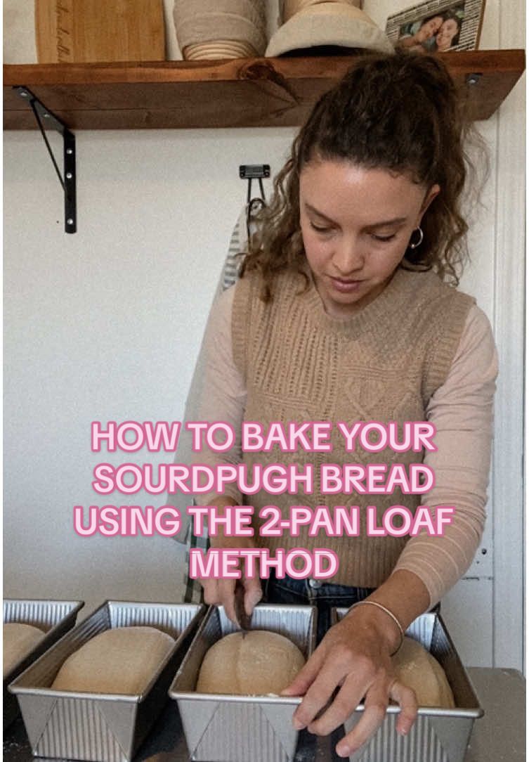 How I Bake My Sourdough Loaves Using the 2-Pan Loaf Method✨👇🏼 If you’re just starting your sourdough baking journey then I’m going to strongly advise you not to use your Dutch oven, but instead bake your sourdough bread using the 2-pan loaf method. You will not only save your back 😂 but baking your sourdough like this allows you to cut slices of bread easier for sandwiches. It’s a win win if you ask me!!  I’ve recently updated a couple of things when using this method & I wanted to explain them for you!  1️⃣ I cold-proof my loaves in bannetons for at least 12 hours before baking. People often ask me why I don’t cold proof in the loaf pan, and it’s simply because I already invested in bannetons. Plus I prefer proofing my sourdough loaves in my bannetons because I find they proof better.  2️⃣These sourdough loaves are 900g. Emma from @butter.and.whisk noticed my loaves looked a little underproofed when I posted a picture of the crumb. But after some thought we realized my 960g loaves were wayyy too big to handle the size loaf pan. So I reduced my loaves to 900g and they’re perfect now.  3️⃣I bake these loaves at 460F for the entire bake. I used to bake at 490F for 25 min with lid on, and then 425F for 20 min with lid off. I realized it was taking so much time in between bakes to heat the oven back up so now I bake at 460F the entire time. 30 min with lid on and 15 min with lid off.  4️⃣I spray my loaves with water before baking. This gives the loaf pans some steam and allows for a nice crust to form on my bread.  If you haven’t given this sourdough baking method a try, I strongly advice you to. I’m getting to the point in my micro bakery business where I may invest in an oven, but whether you’re a sourdough micro baker or not, this method will help you so so much!  And if you’re interested in the pans I use, just comment “PAN” and I’ll send you the link to the ones I use ✨ Happy sourdough baking 🤎 #sourdoughtips #homebaking #microbakery #sourdoughbread #sourdoughbaking #wildyeast #sourdough #bread #crumb #cottagebakery #sourdoughhacks #viralreels #homebaker #breadshaping #scoring #sourdoughclub #breadbaking #loaf #microbakerylife #sourdoughjourney