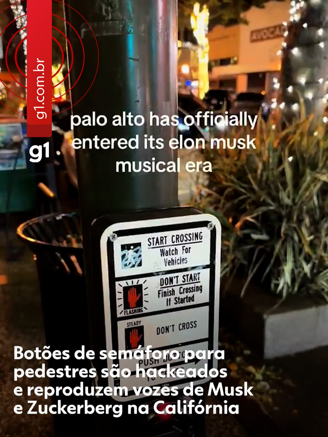 Ops! - Botões de #semáforo para pedestres foram hackeados em algumas regiões da #Califórnia, nos Estados Unidos. Em vez de emitirem mensagens para orientar a população na travessia, passaram a reproduzir áudios com falas de Mark #Zuckerberg e Elon #Musk. Vídeos que circulam na internet mostram os equipamentos emitindo mensagens com as vozes dos bilionários. Autoridades de Redwood City, uma das cidades afetadas, disseram que receberam informações sobre a ação hacker no último sábado. Clique em 