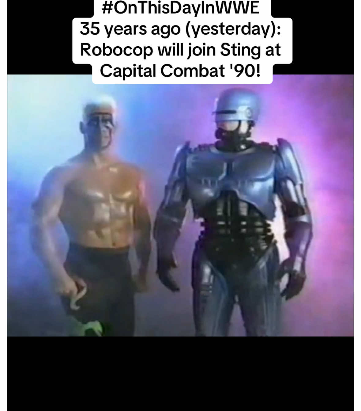 One of the most infamous moments in the NWA/WCW history... After being built up for all 3 hours of an extra-long Saturday Night (yes, 3!), we learn who will be with Sting at Capital Combat ‘90 to maintain law and order, especially with the Four Horsemen around: Robocop!  At least Jim Cornette tries to sell this... I'll delve into why the Turner and WCW bosses thought this was a good idea at the anniversary of the PPV! 📺YouTube/Classic Wrestling stuff  #onthisdayinwwe 