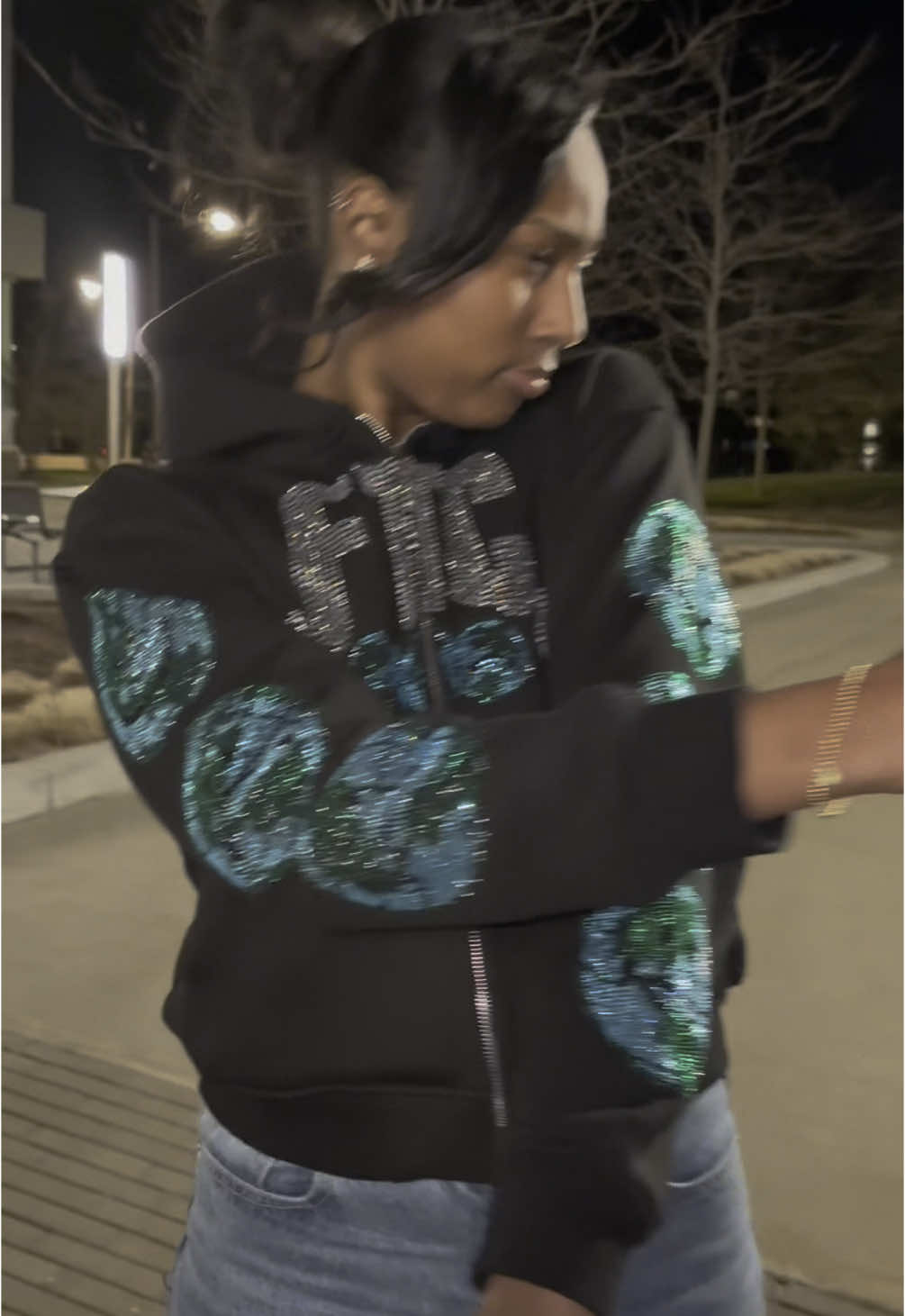 @gabby :) rockin our “Crazy World” Rhinestone Zip - Up⭐️ out now!   - - #coutur3culture #luxurystreetwear #clothingbrands #contentideas 
