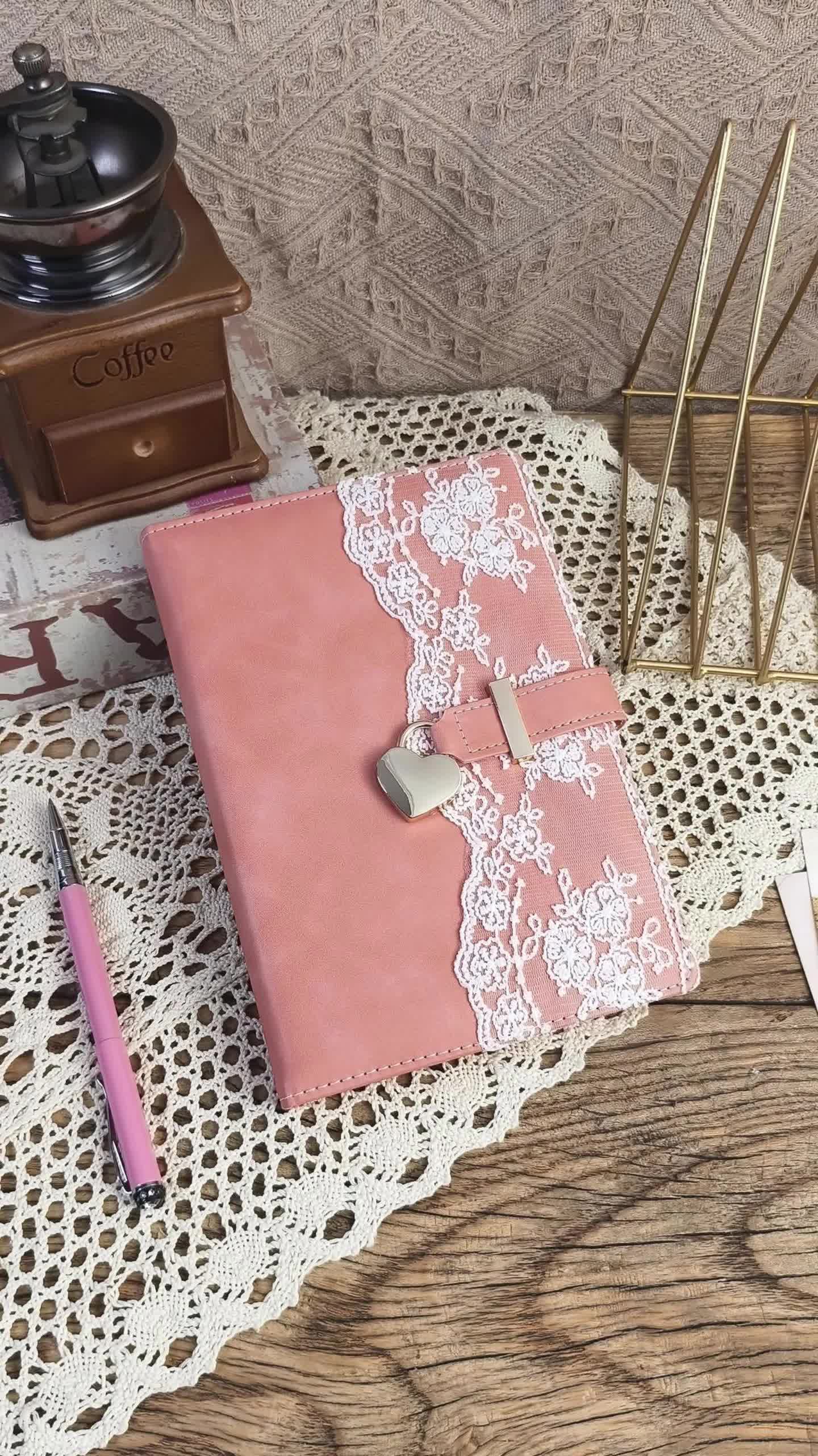 Lace Diary with Lock and Key for Women Girls 224 Pages Leather Password Journal with Lock A5 Locked Journals for Writing Note Taking, 5.6x 8.3, Pink