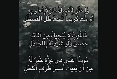 وَاِختَر لِنَفسِكَ مَنزِلاً تَعلو بِهِ أَو مُت كَريماً تَحتَ ظُلِّ القَسطَلِ فَالمَوتُ لا يُنجيكَ مِن آفاتِهِ حِصنٌ وَلَو شَيَّدتَهُ بِالجَندَلِ مَوتُ الفَتى في عِزَّةٍ خَيرٌ لَهُ مِن أَن يَبيتَ أَسيرَ طَرفٍ أَكحَلِ #عنترة_بن_شداد #المتنبي #ابو_نواس #شِعر #قصائد #فصحى #fyp #foryou #4u 