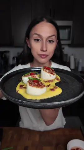 Seared scallops, sweet corn puree, topped with brown sugar garam masala bacon & pickled Fresno peppers  #fyp 