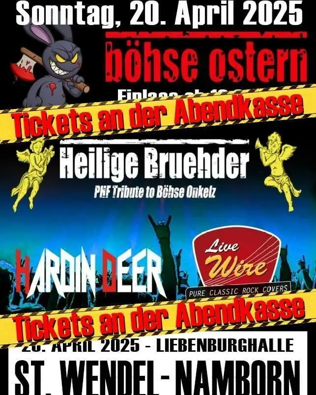 Servus 🍻, nur noch ein paar Tage, dann geht es rund in Namborn! 🥳🤘 Am Sonntag, den 20. April, rocken wir mit @livewire.band und den @heiligebruehder das Böhse Ostern von @saarstark in der Liebenburghalle. Tickets gibt es nur noch an der Abendkasse. Wer von euch ist dieses Wochenende dabei? 🙌 #saarstarks #böhseostern #namborn #livemusik #ostersonntag #feiern #heiligebrüder #livewire #deutschrock #liebenburghalle