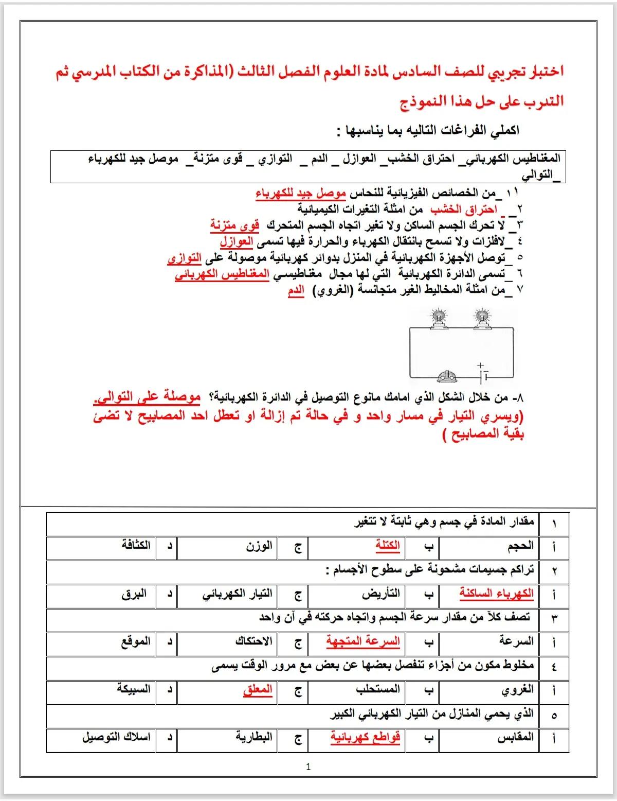 #نموذج_اختبار_تجريبي #علوم_للصف_السادس_ الابتدائي 