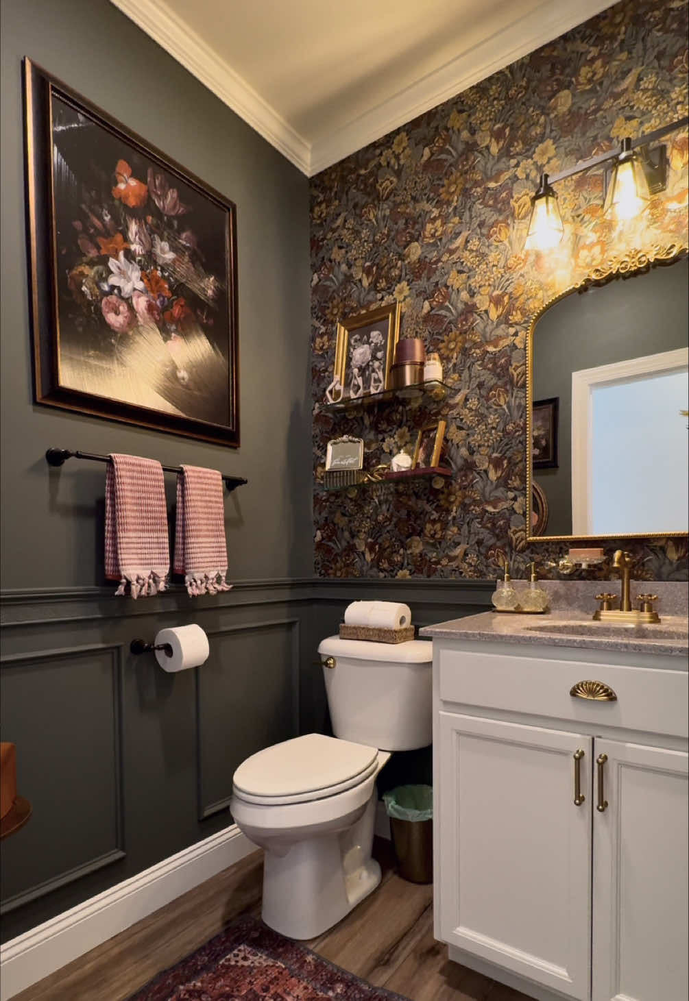DIY Powder Bath Makeover 💚✨ Wanted this space to feel moody and floral-tique and I think I accomplished just that !!  #diyprojects #powderbath #bathroommakeover #buildergradeupgrade #moodyaesthetic #greenpaint 