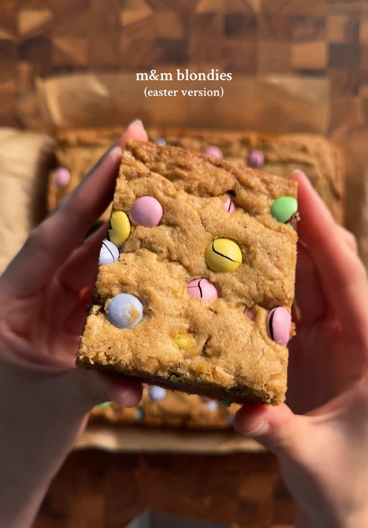 brown butter m&m blondies 1 cup (226g) unsalted butter → brown it 2 cups (250g) flour 1 1/4 tsp (5g) baking powder 1/2 tsp (3g) salt 1 cup (200g) dark brown sugar 3/4 cup (150g) light brown sugar 1 tsp (4g) vanilla 2 eggs 1 cup m&m’s (+ some for on top) in a sauce pan on med heat, brown the butter. let it cool to room temperature before using.  cream together butter and sugar until smooth and then add vanilla and eggs. set aside. in another bowl, combine flour, baking powder, and salt. combine the dry and wet until barely combine (still see flour streaks) and then add in your m&m’s. don’t overmix. pour into 9x9 pan and top with additional m&m’s (optional). bake at 325 for 35-40 min #blondies #easter #baketok #Recipe #baking