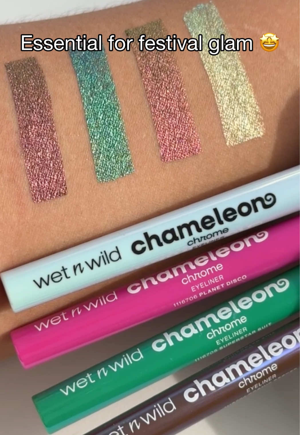 Color-shifting, smudge-proof AND water-proof = essential for festival season 🤩⁠ ⁠ At just $5.99, our Chameleon Chrome Eyeliners⁠ will be your go-to for every season! Use all four shades to create a fun & festive look ✨⁠ ⁠ Which shades caught your eye? 👀⁠ 💎 Electric Prism | Blue → Pink⁠ ❇️ Superstar Suit | Green → Blue⁠ 🪐 Planet Disco | Pink → Green⁠ 💫 Cosmic Seeker | Purple → Bronze⁠ ⁠ Shop the Chameleon Chrome collection online & in-store @walmart @target @walgreens @cvs_pharamacy⁠ Online only: wetnwildbeauty.com @amazon