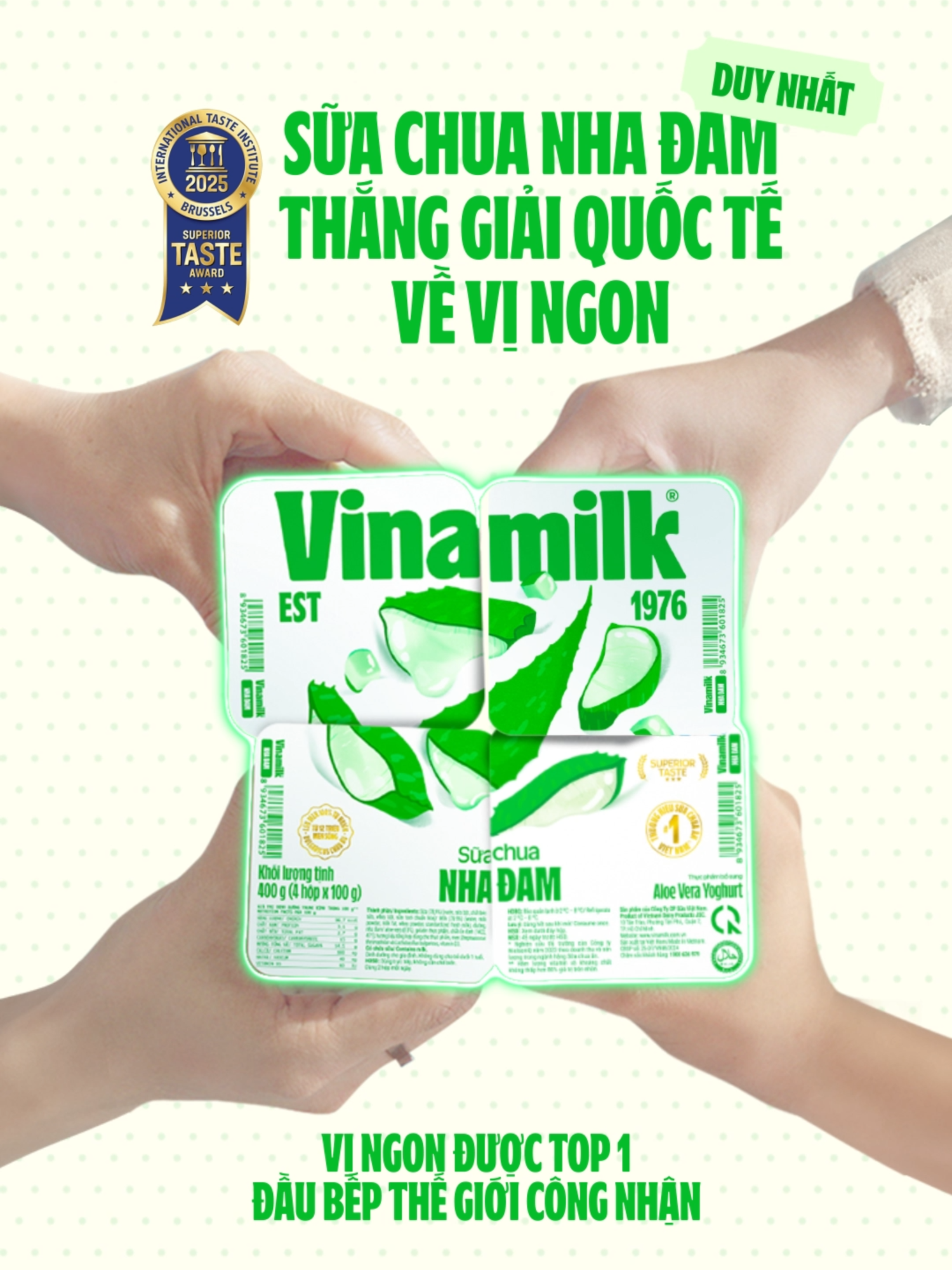 Sữa chua Nha Đam nhà Vinamilk! Chiều miệng với vị ngon dẻo mịn đặc trưng, cùng topping giòn giòn dai dai, Sữa chua Vinamilk Nha Đam chinh phục các đầu bếp châu Âu trứ danh trên thế giới để thắng giải thưởng tuyệt đối về vị ngon thượng hạng Superior Taste. #SuaChuaVinamilkNhaDam  _____ “Sữa chua Vinamilk là thương hiệu sữa chua ăn DUY NHẤT tại Việt Nam đạt được giải thưởng Superior Taste.” (*) “Sữa chua Vinamilk Nha Đam là nhãn hiệu sữa chua Nha Đam DUY NHẤT tại Việt Nam đạt được giải thưởng Superior Taste.” (*) (*) tính từ năm 2022 đến ngày 14/03/2025, theo kết quả nghiên cứu thứ cấp trên website https://www.taste-institute.com/en/awarded-products/superior-taste-awards