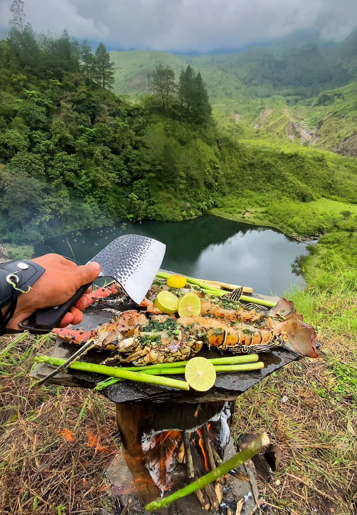 Lobster Bakar | kerupuk singkong on swedish fire log 🪵🔥🏞️ Full vlog on youtube :) #nature #naturelovers #lobster #instagram #fyp #campfire #asmr #mountain #survivor 