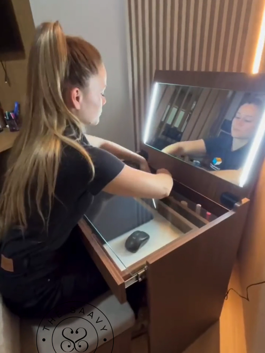 Elegant 3-in-1 wooden vanity with hidden mirror, chair, storage drawers, and built-in lighting. BUY LINK IN BIO ✅️🔗⚠️ CHECK FULL CAPTION .  .. ➡️ PRODUCT DETAILS CHECK OUT 