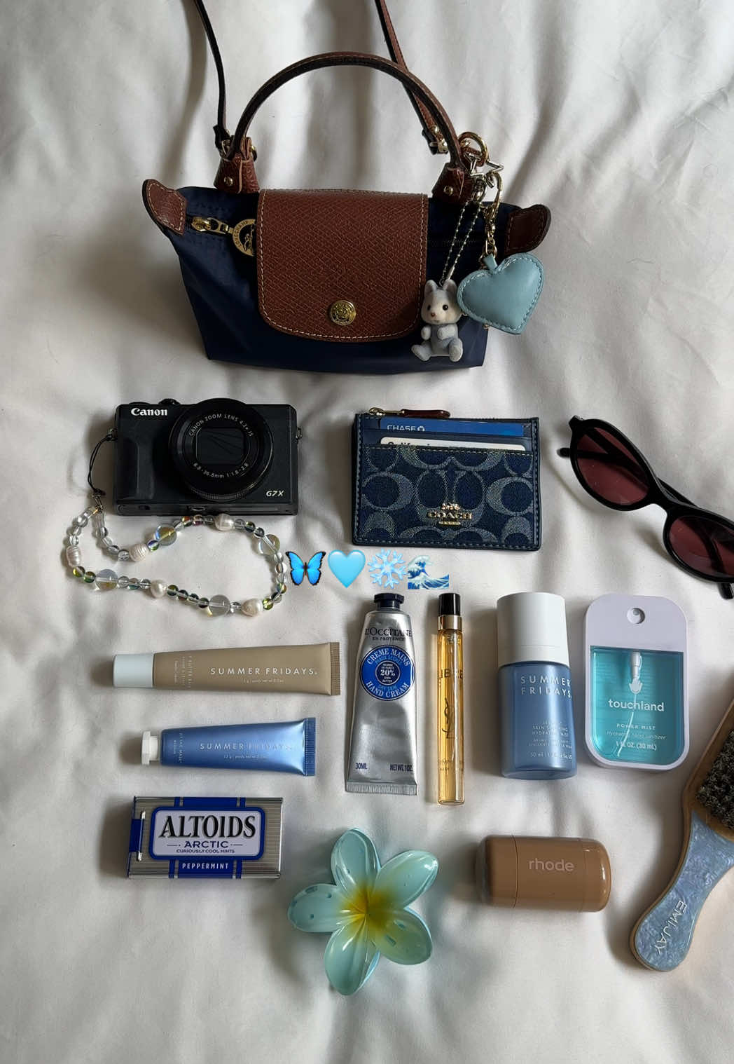 which one are you?🌸or🦋 #minilongchamp #longchamp #longchampmini #blueaesthetic #pinkaesthetic #whatsinmybag #whatsinmypurse #minibags #bagtok