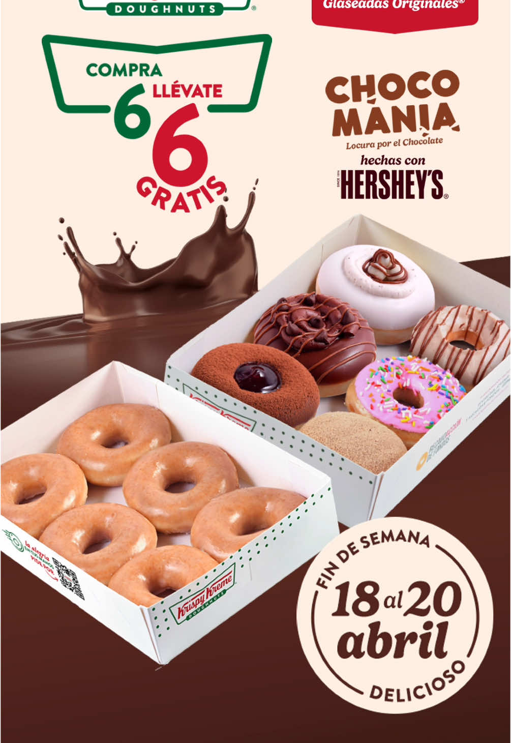 🍫 Del 18 al 20 de abril,  pide tus 6 Donas fav y te regalamos 6 Glaseadas Originales 🍩😍 Ordena en tiendas y a domicilio desde Uber Eats, Krispy Kreme Delivery o WhatsApp al 800 00 800 88 🛵 #KrispyKreme #Donas #Doughnuts #Promo #Ofertas #México #fyp 