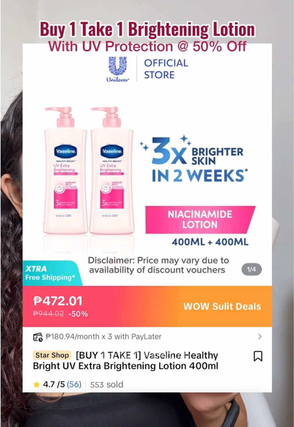 Naka 50% off yung 400ml, mas discounted 😁 #vaseline #vaselinelotion #vaselineuvextrabrightening #vaselineuvextrabrighteninglotion #uvextrabrightening #buy1take1lotion #serisfinds #unilever 