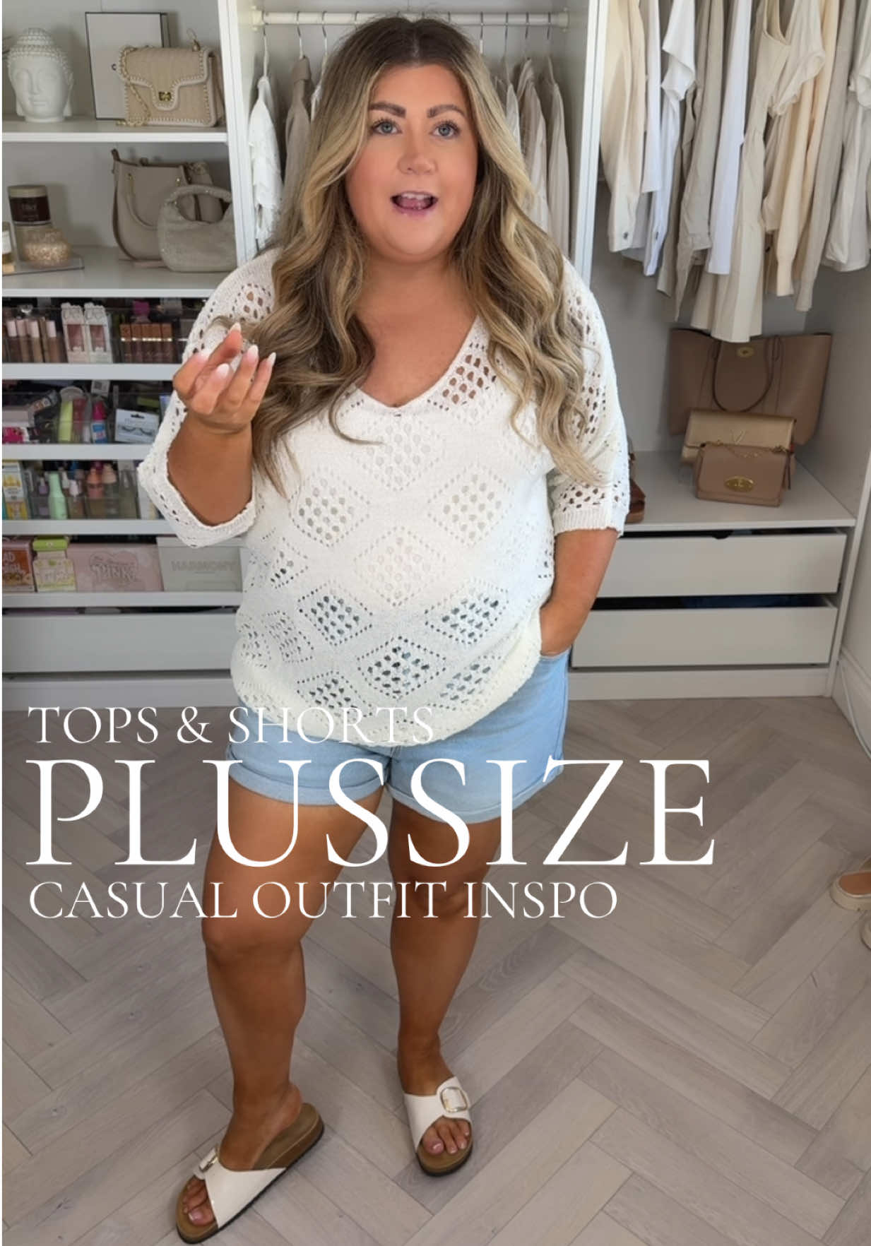 #plussize spring summer #casualoutfit inspo with these cute #denimshorts and #crochetjumper for a boho vibe fit  #plussizeshorts #plussizetops #casualtops #summeroutfit2024 #springoutfit2025 