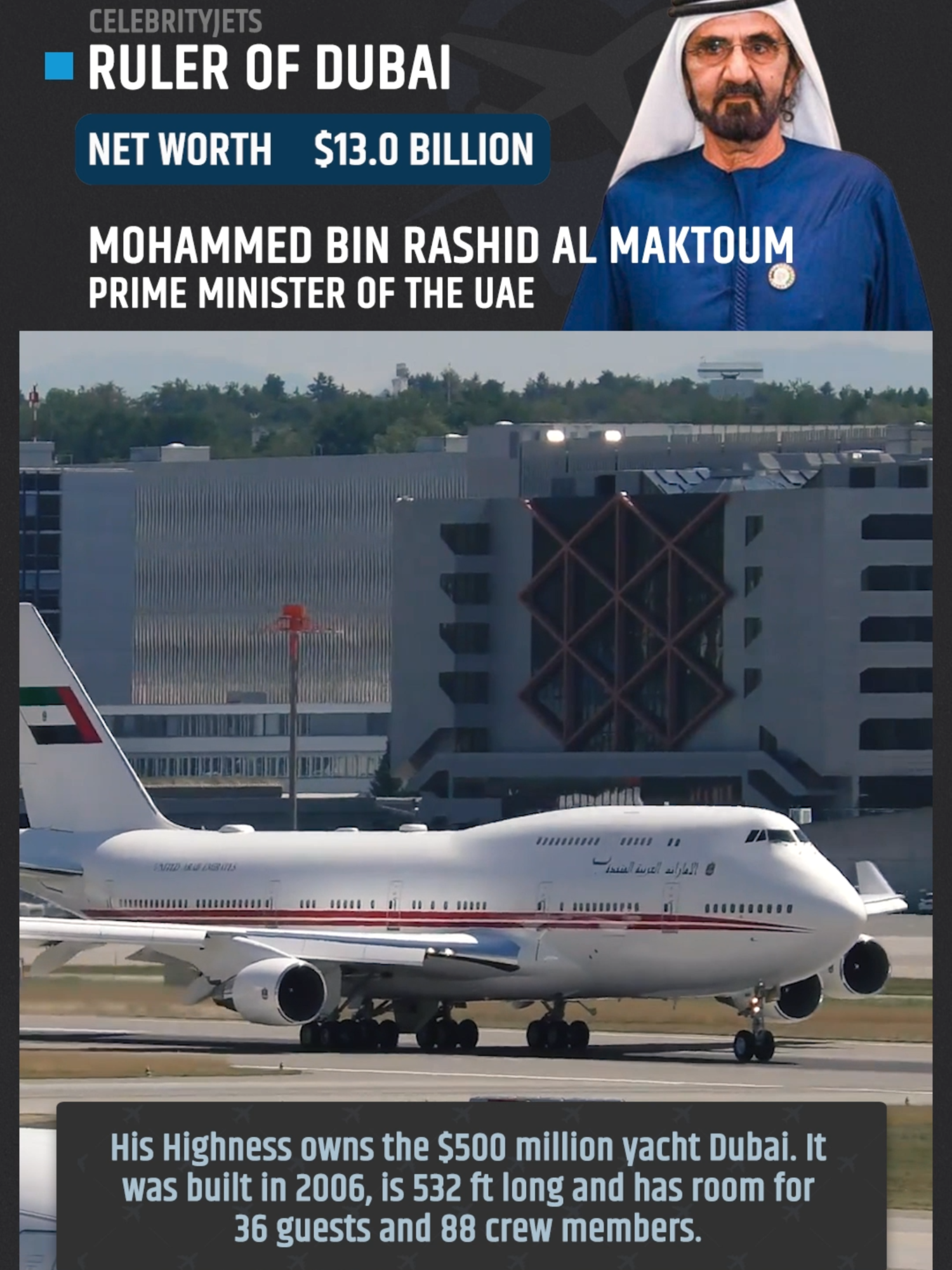 Muhammad bin Raschid Al Maktum - Emirati politician and royal who is the current ruler of Dubai. He uses the aircrafts of 'Dubai Air Wing', a Boeing 747-400 A6-MMM, A6-HRM or A6-COM. He owns Dalham Hall, Moulton Paddocks, real estate in Wester Ross and much more. #dubai #747
