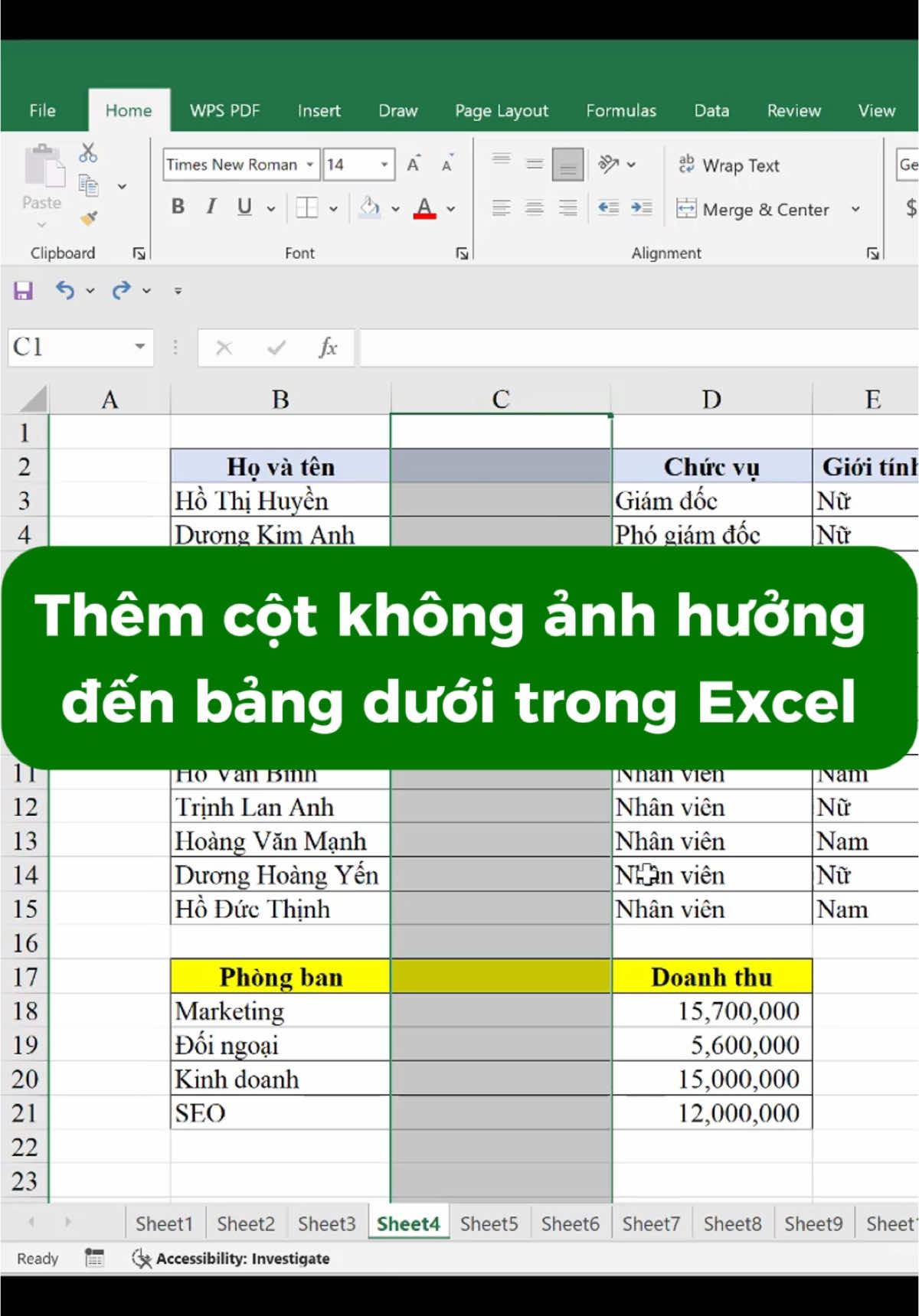 Cách thêm cột không ảnh hưởng đến bảng dưới trong Excel #excel #tinhocvanphong #LearnOnTikTok #boktok 
