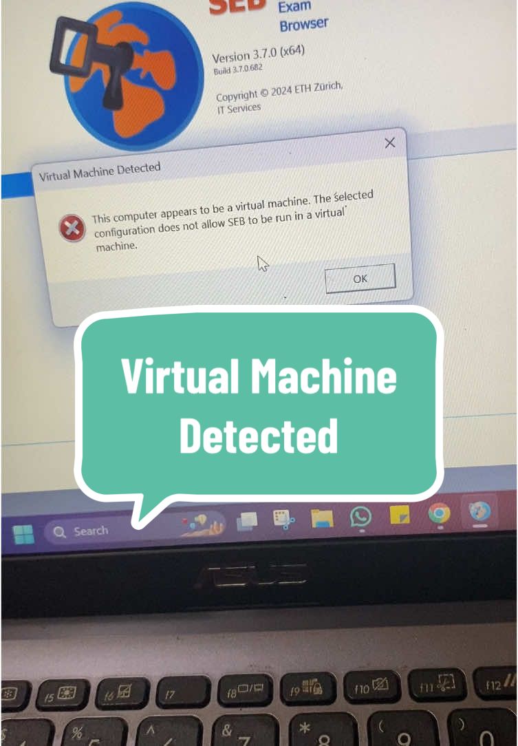 Please do your magic tiktok “Thie computer appears to be virtual machine. The selected configurationdoes not allow SEB to be run in a virtual machine” Ada yang sama ?  #rbb2025 #safeexambrowser #virtualmachinedetected #dramaseb #bumn2025 #windows11 #fyp 