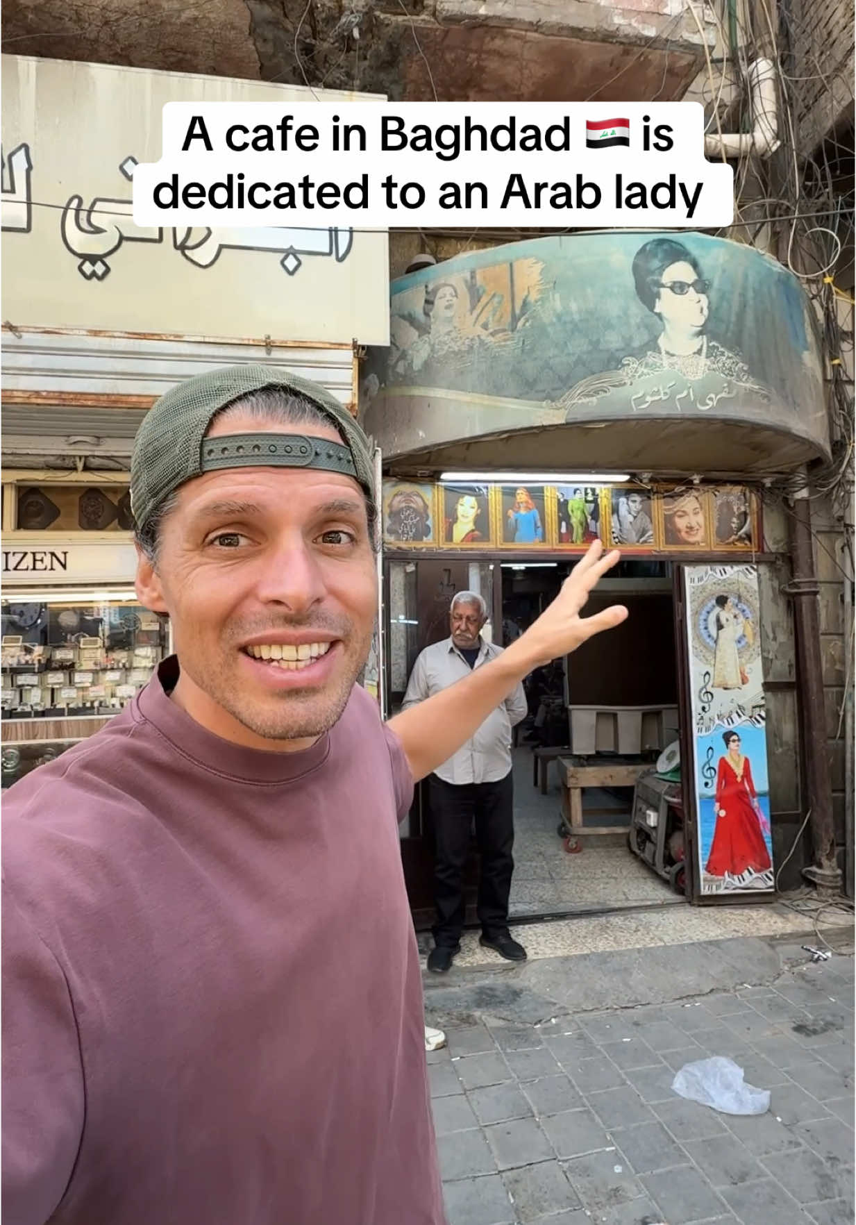 Is this lady still alive and singing? 🎤 In old Baghdad you can find a whole cafe dedicated to Umm Kartum or something. I heard she was a lady from Egypt but super famous all over the Middle East and in the Arab world. #baghdad #cafe 