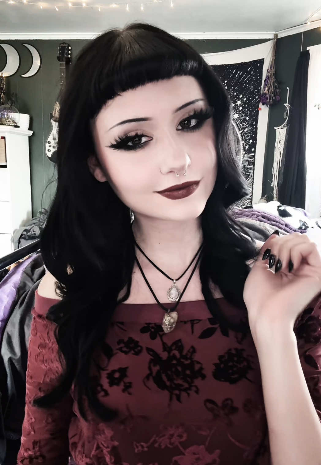 gonna post this makeup look soon <3 #fyp #foryou #foryoupage #goth #gothgirl #altmakeup #makeup #alt #babybangs #alttiktok #mac #maccosmetics #whimsigoth #halloween #fashion 