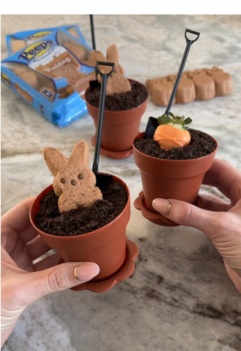 Carrot Patch Cupcakes🥕🧁perfect for springtime and so easy to make! I added chocolate covered strawberries to look like carrots, and PEEPS Chocolate Pudding flavored bunnies! #peeps #springtime #baking #easter #cupcakes #dessert #EasyRecipe #peepspartner  