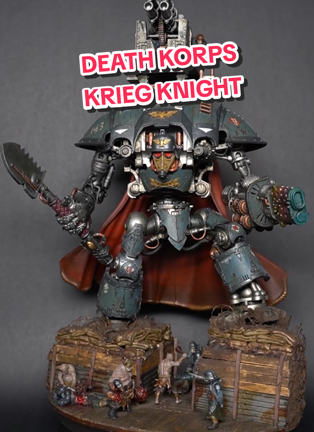DK Krieg Knight! This was a project I had in my head for a while and it turned out so good that I think even Colonel Jurten himself, would be proud! #warhammercommunity #warhammer #imperialguard #gamesworkshop #wh40k #wh40k #deathkorpsofkrieg #dkok #imperialknight #warhammerpainting #kitbash  #homebrew #kriegknight #diorama #warhammerdiorama #40kdiorama #warhammermeme 