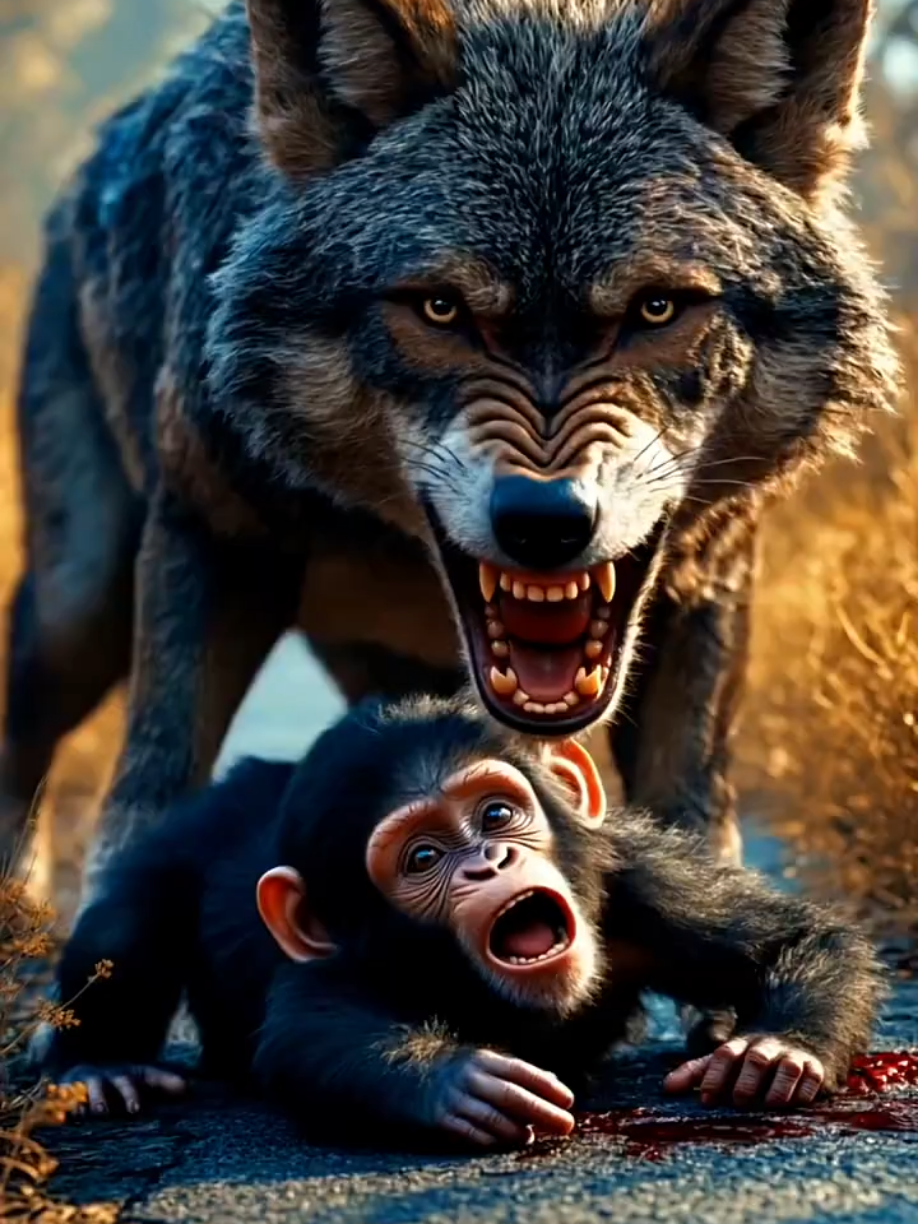 The wolf tries to eat the baby monkey #ai #shorts #cow #monkey #wolf 