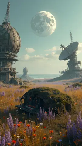 The Last Fox of the Signal Fields 📡 In a post-human world of rusted satellites and alien moons, one fox stands as the lone keeper of forgotten transmissions.  Surrounded by wildflowers and ancient tech, nature reclaims what machines once ruled. #scififantasy #postapocalypticworld #LoneFox #posthuman #retrofuture