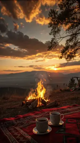 Two cups of happiness in the silence… 🤍 #nature #sunset #dark #campfire 