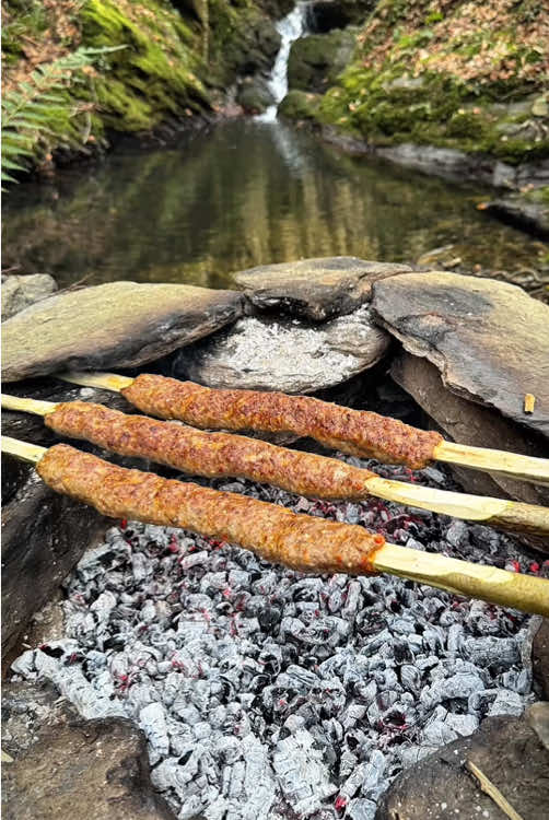 Grilled beef on wooden sticks in nature 🥩🪵🔥💦 #outdoorcooking #cookingasmr #Recipe #leon #cookingnature #camping #foodtiktok #cooking #grilled #beef 
