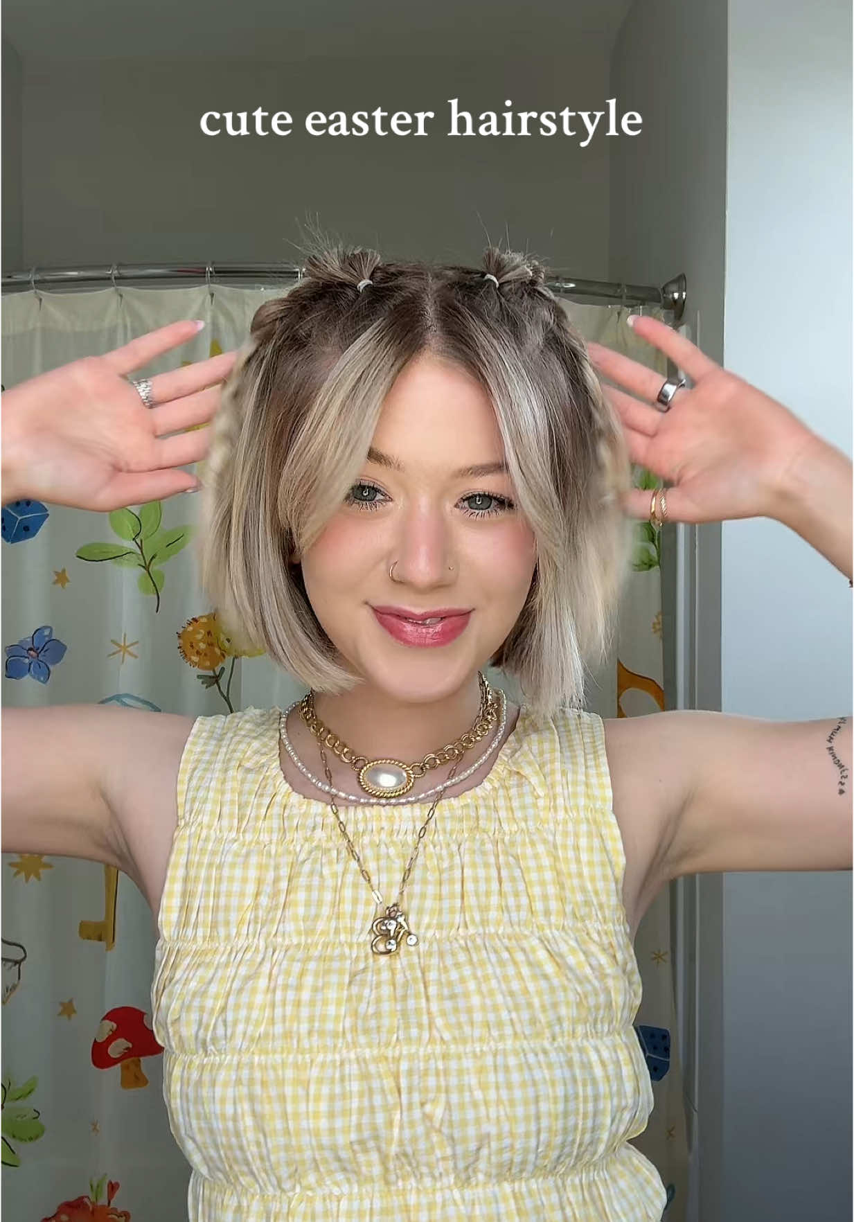 this cutie hairstyle is so simple for Easter!!💛💐 #hair #tutorial #hairstyle #easter #bob #shorthair @langehair @TRESemmé @Hairitage by Mindy 