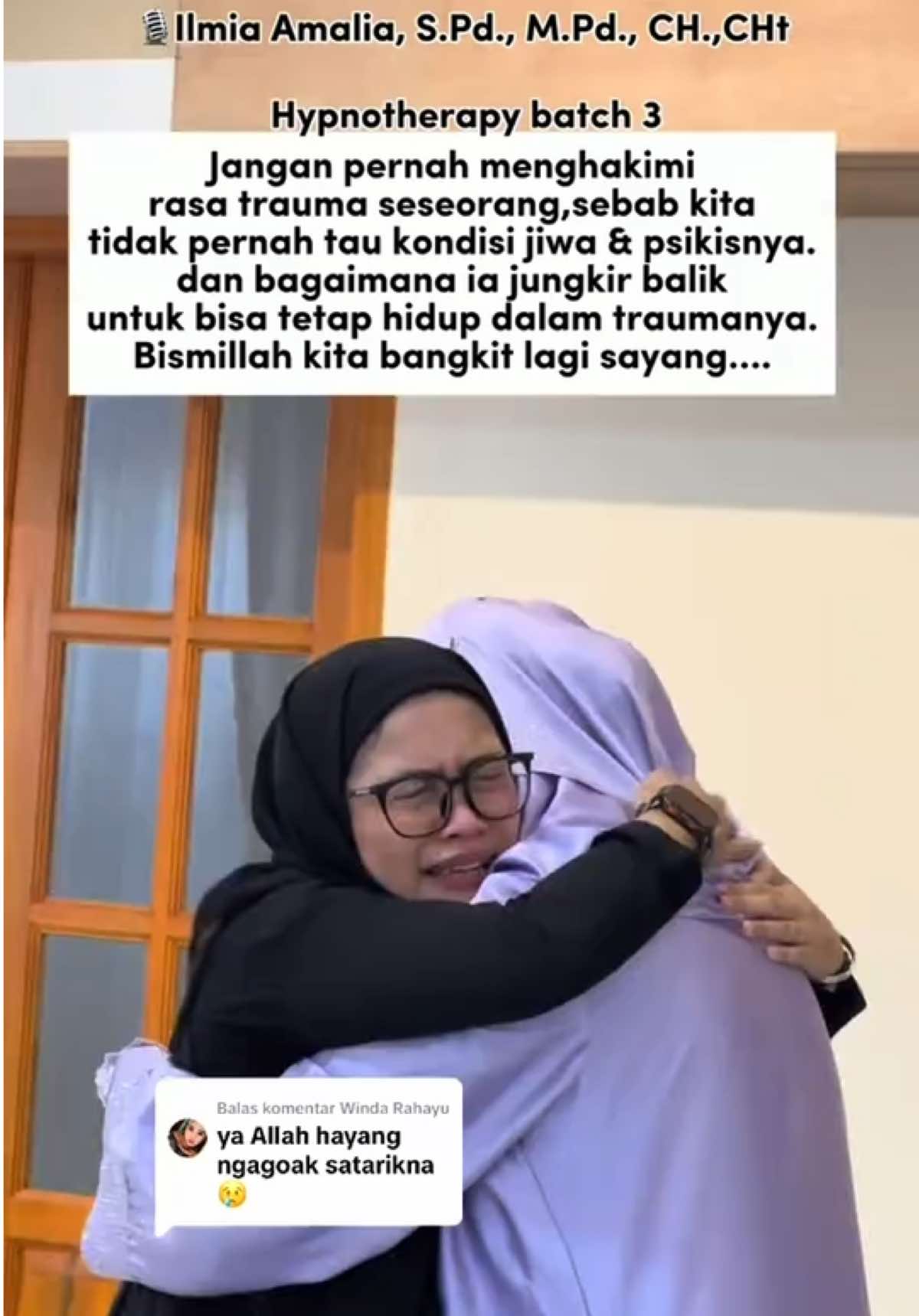 Membalas @Winda Rahayu  follow ig ILMIA AMALIA (centang biru) agar tau kapan dan dimana umma ngisi acara hypnotherapy sayang. . Kalau lokasi rutinan umma di sekolah umma alamatnya dimaps sesuai keterangan video. . Harganya batch 1 infaq 25k, batch 2 45rb, batch 3 65rb, batch 4 80 rb di kota bandung tgl 27 april Batch 5 di tempat ini lg tgl 3 april (infaq 75-80k) sygku . Follow follow follow biar gak ketinggalan info🥹😭❤️‍🔥 Peluk erat sayangku, kita pulih bareng ya sayang🥹🥹😭❤️‍🔥 Ada yang punya rasa trauma ga?🥹❤️‍🔥 kita bangkit bareng yu sayang🥹😭 . Hypnotherapy batch 3 🥹 syg banyak banyak🥹❤️‍🔥 Follow untuk inspirasi perjalanan lainya @ilmia_amalia second account @umma_ilmiaamalia  . UMMA SIAP NERIMA UNDANGAN SPEAKER/ PEMATERI NIH, LANGSUNG DM YA📩 (Tema Kemuslimahan, Ibu Bahagia, Hypnotherapy,HypnoParenting,  Kemanusiaan & lainya bisa didiskusikan🙌) Manager : 085150597736 Manager Uma(Th Rita) @rindu_photo  . Tiktok 200RB Followers, Instagram 36RB Followers ,Youtube 2,4Ribu Followers.