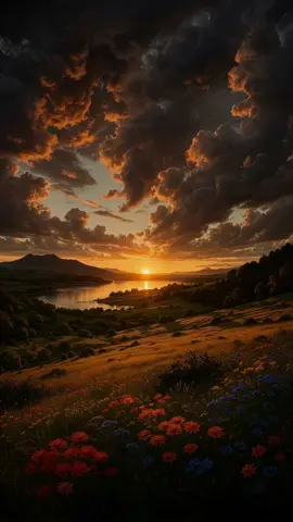 This landscape holds its breath in light, as nature glows before the night. A sunset spills across the sky, a timelapse moment drifting by. Petals blaze in gold and flame, while shadows stretch without a name. And in this hush, the earth reveals a beauty only stillness feels. #SunsetTimelapse #PeacefulLandscape #NatureInMotion #GoldenHourMagic #AnimatedWallpaper #NaturePoetry #PeacefulNature #EveningGlow #dreamscape #naturescenery