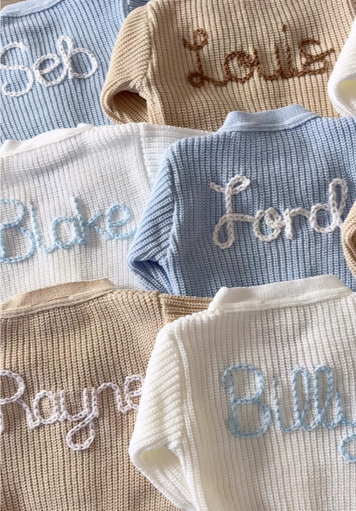 Busy weekend doing cardigans 🫶🏻🩵 #nameannouncement #newbaby #newborn #2025baby #helloworld #personalised #babygifts #babycardigan #knittedcardigan #cardigan #embroidery #handembroidery 