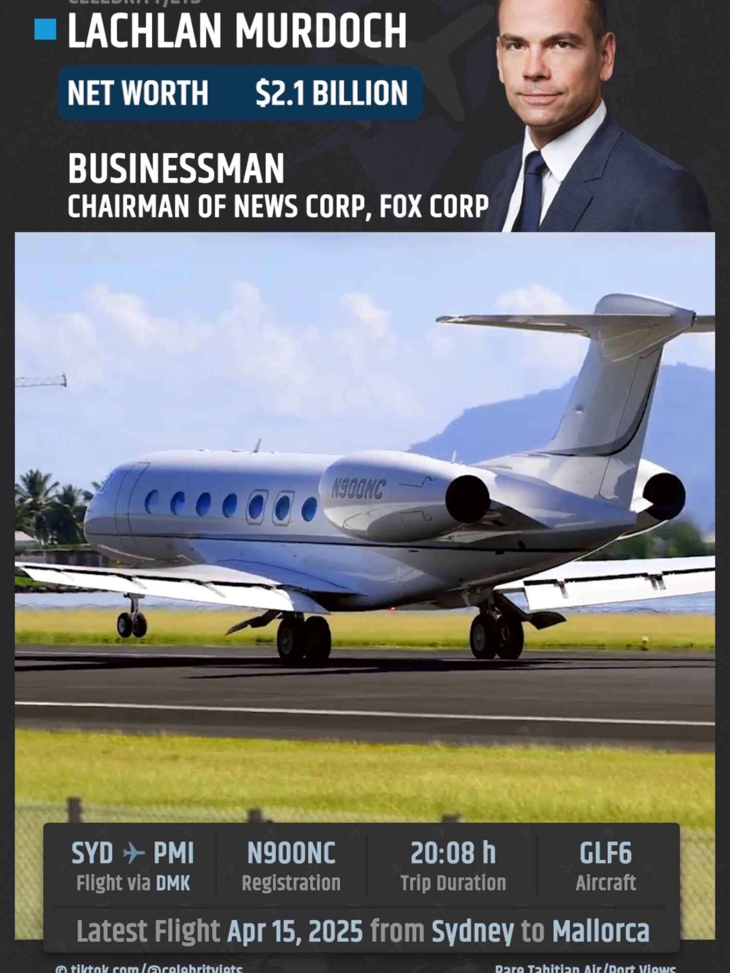 Lachlan Murdoch the Australian British-American businessman is CEO of Fox Corporation and Nova Entertainment from Sydney, Australia. He is the son of the media tycoon Rupert Murdoch. His private jet is a Gulfstream G650ER built in 2018 N900NC #foxnews  #aviation