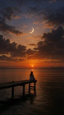 She sits where daylight softly fades, upon the dock, where silence wades. The sun retreats, the moon begins, a sky of dreams, where thought rescinds. The water hums a gentle tune, reflecting fire, cradling moon. Between two lights she finds her place, a quiet breath, a touch of grace. #SunsetMagic #Moonlit #Contemplation #NatureVibes #EveningGlow #peacefulscenery #animatedwallpaper #selfcaremoment
