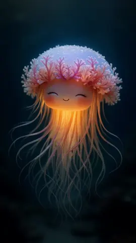 In the calm of the ocean, where silence sleeps, a jelly floats where the sea heart beats. With coral crown and glowing grace, she lights the deep, a dancing face. Soft tendrils sway in rhythm slow, beneath the waves where moonlight glows. A cute little creature from the sea’s soft dome, forever adrift in her glowing home. #undersea #CuteJellyfish #OceanDreams #deepseacreatures #animatedwallpaper #NatureArt #fantasyanimals #cutecreatures