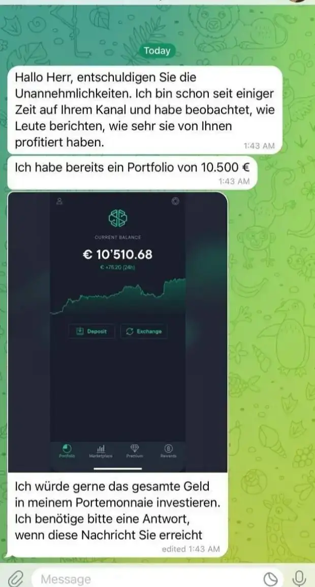 Sehr geehrte Investoren, Wir haben Ihre Investitionen erfolgreich bestätigt. Um fortzufahren, geben Sie bitte die folgenden Details an: • Vollständiger Name • Telefonnummer • Wallet-Adresse • E-Mail-Adresse • Nationalität (optional)