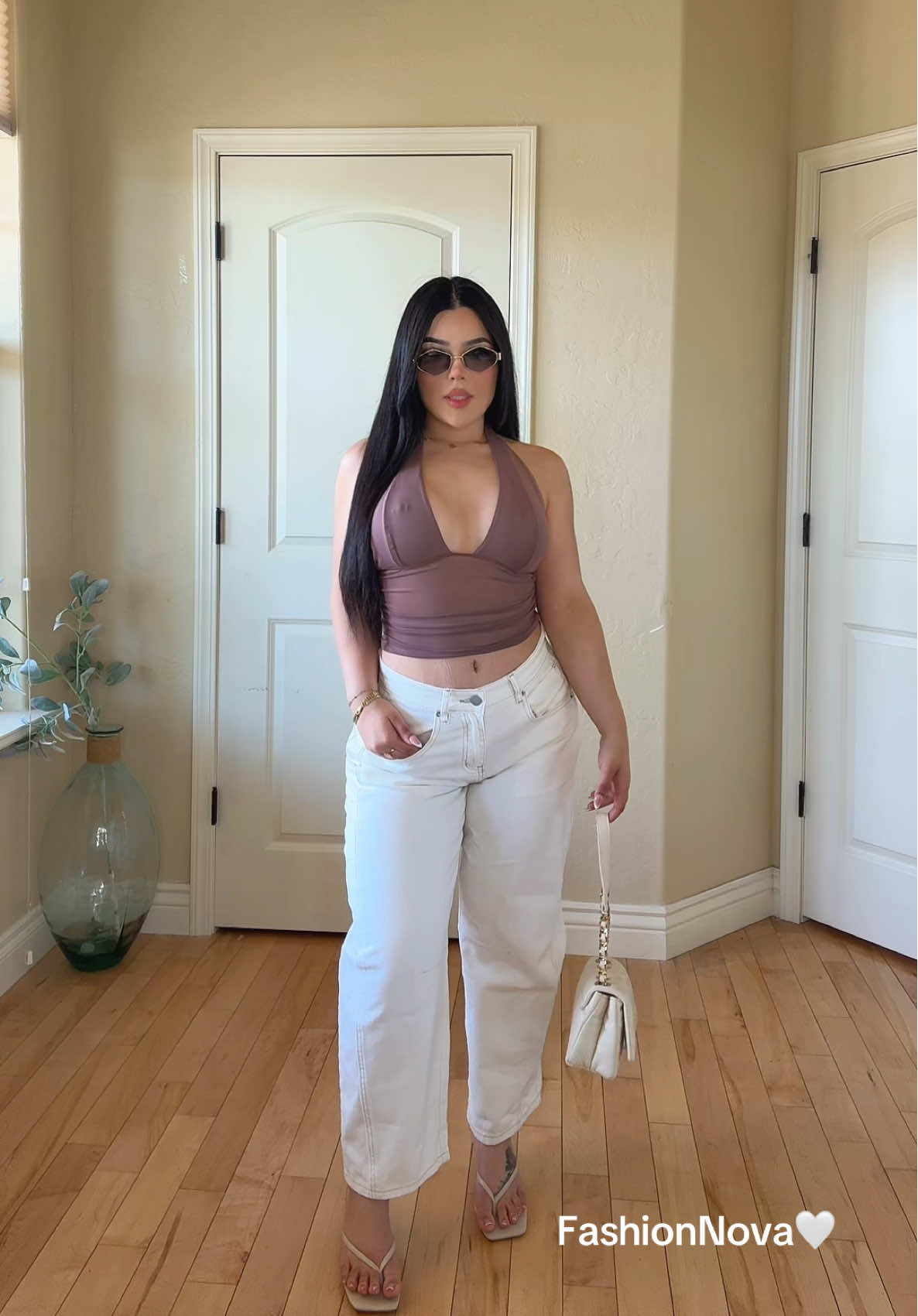 @Fashion Nova Valentina Mesh Halter Top - Brown  Federica Barrel Pant - Cream Ayla Thong Mules - Off White  🤎 