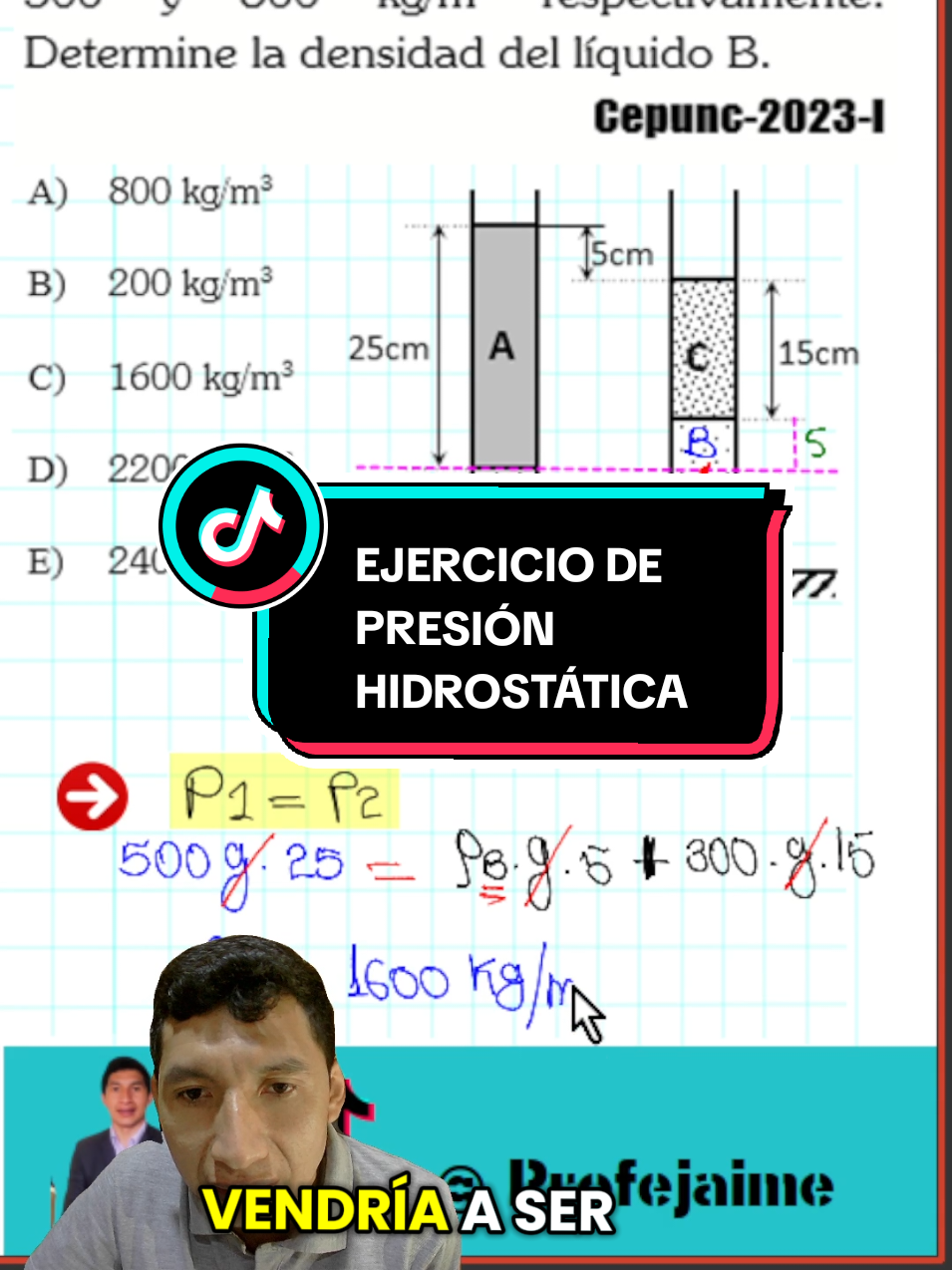 EJERCICIO DE PRESIÓN HIDROSTÁTICA TOMADA EN EL CEPUNC -2023#presionhidrostatica #fisica #preuniversitario #alumnos #unc #cepunc #motivacion #unmsm #uni 
