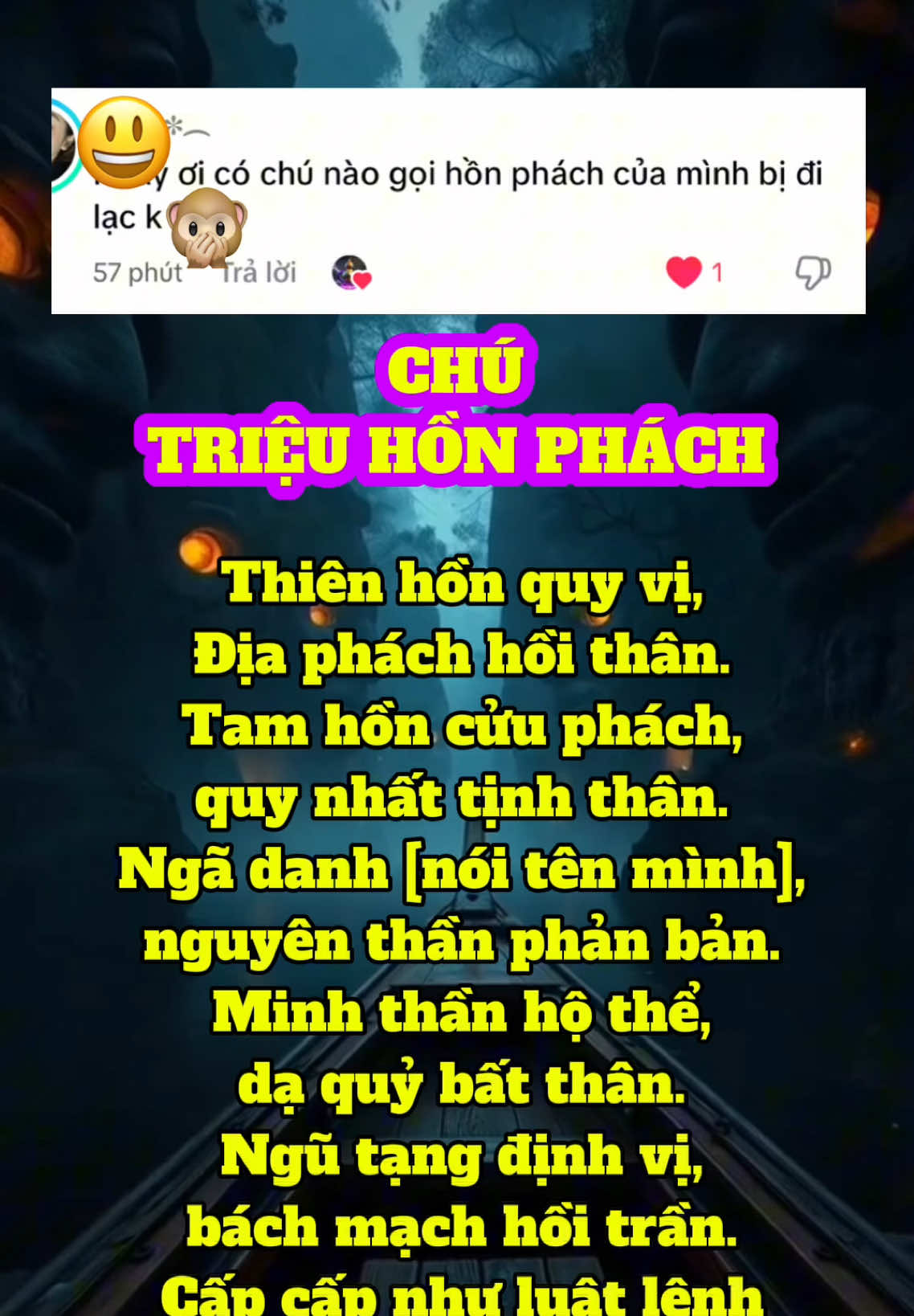 Chú triệu hồn – triệu phách (Đạo gia) “Thiên hồn quy vị, Địa phách hồi thân. Tam hồn cửu phách, quy nhất tịnh thân. Ngã danh [nói tên mình], nguyên thần phản bản. Minh thần hộ thể, dạ quỷ bất thân. Ngũ tạng định vị, bách mạch hồi trần. Cấp cấp như luật lệnh.” ⸻ Cách dùng: 	•	Trì tụng lúc tâm tĩnh – yên tĩnh – không bị xao động. 	•	Có thể kết hợp thắp 1 nén nhang, 1 chén nước sạch để trước mặt, ngồi hướng về phương Đông (nơi mặt trời mọc – tượng cho sinh khí). 	•	Gọi tên mình ba lần, sau đó đọc chú 7, 21 hoặc 49 biến. Biểu hiện mất hồn mất phách (hay còn gọi là thất hồn lạc phách) trong Đạo gia và y đạo cổ truyền rất rõ ràng, thường xảy ra sau: 	•	Tai nạn lớn, bệnh nặng, bị hù dọa, đau buồn cực độ 	•	Phá thai, sinh đẻ yếu 	•	Gặp tà khí, nhập mộng lạ, mất ngủ triền miên 	•	Tinh thần không ổn định kéo dài, bị chấn động tâm thần, mất vía, mơ màng lâu ngày, hoặc gặp tai nạn khiến hồn vía phân tán. ⸻ Một số biểu hiện rõ của người bị mất phách: 	1.	Tâm thần hoảng hốt, hay quên, lú lẫn nhẹ 	•	Nhớ nhớ quên quên, hỏi gì cũng không tập trung, đầu óc mơ hồ như sương khói. 	2.	Mơ liên tục, ác mộng, mộng thấy người chết, người lạ kéo đi 	•	Có khi trong mơ bị dẫn dắt ra khỏi nhà, đi nơi xa, hoặc thấy rơi xuống hố, rớt từ trên cao. 	3.	Ngủ dậy mệt lả – đầu nặng, mắt mờ, không muốn nói 	•	Dù ngủ cả ngày vẫn không thấy khỏe, cơ thể như bị rút khí. 	4.	Mắt vô thần, lờ đờ – ánh nhìn trôi lạc 	•	Người thân sẽ dễ nhận thấy nhất, như thể hồn không còn “trong mắt” nữa. 	5.	Nói chuyện lặp lại – tư duy chậm lại – phản ứng kém 	•	Như có một lớp sương trong tâm trí, phản xạ kém hẳn. 	6.	Cảm giác có ai đó đi theo – nhưng không thấy 	•	Nhẹ thì chỉ là cảm, nặng thì thấy bóng mờ, áp lực vô hình, ngột ngạt. 	7.	Cơ thể lạnh tay, lạnh chân – hay run người vô cớ 	•	Thường là khí dương suy, hồn phách không tụ về ổn vị. #chú #tamlinh #tamlinhhuyenbi #mẹovặt 
