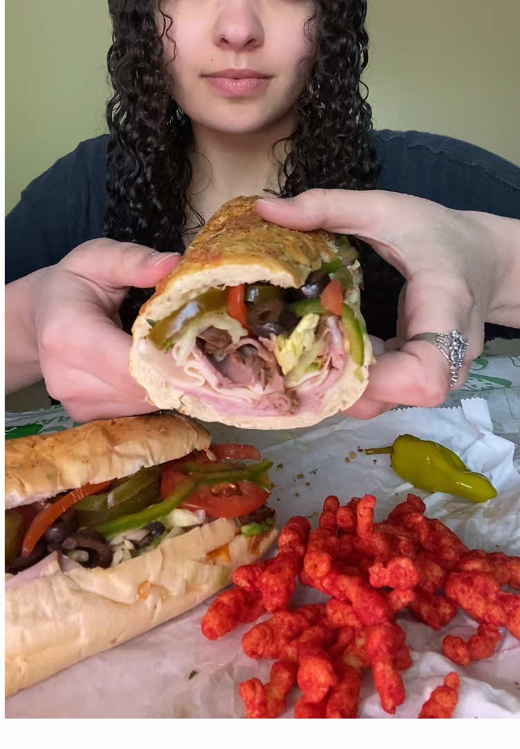 subway mukbang with hot cheetos🥪 more full eating! 🔥 @Subway #subway #bigbites #mukbang #fastfood #cheetos #pepperoncini #eatingsounds #foodtiktok #foodasmr #curlyhair #sandwich #eatwithme 