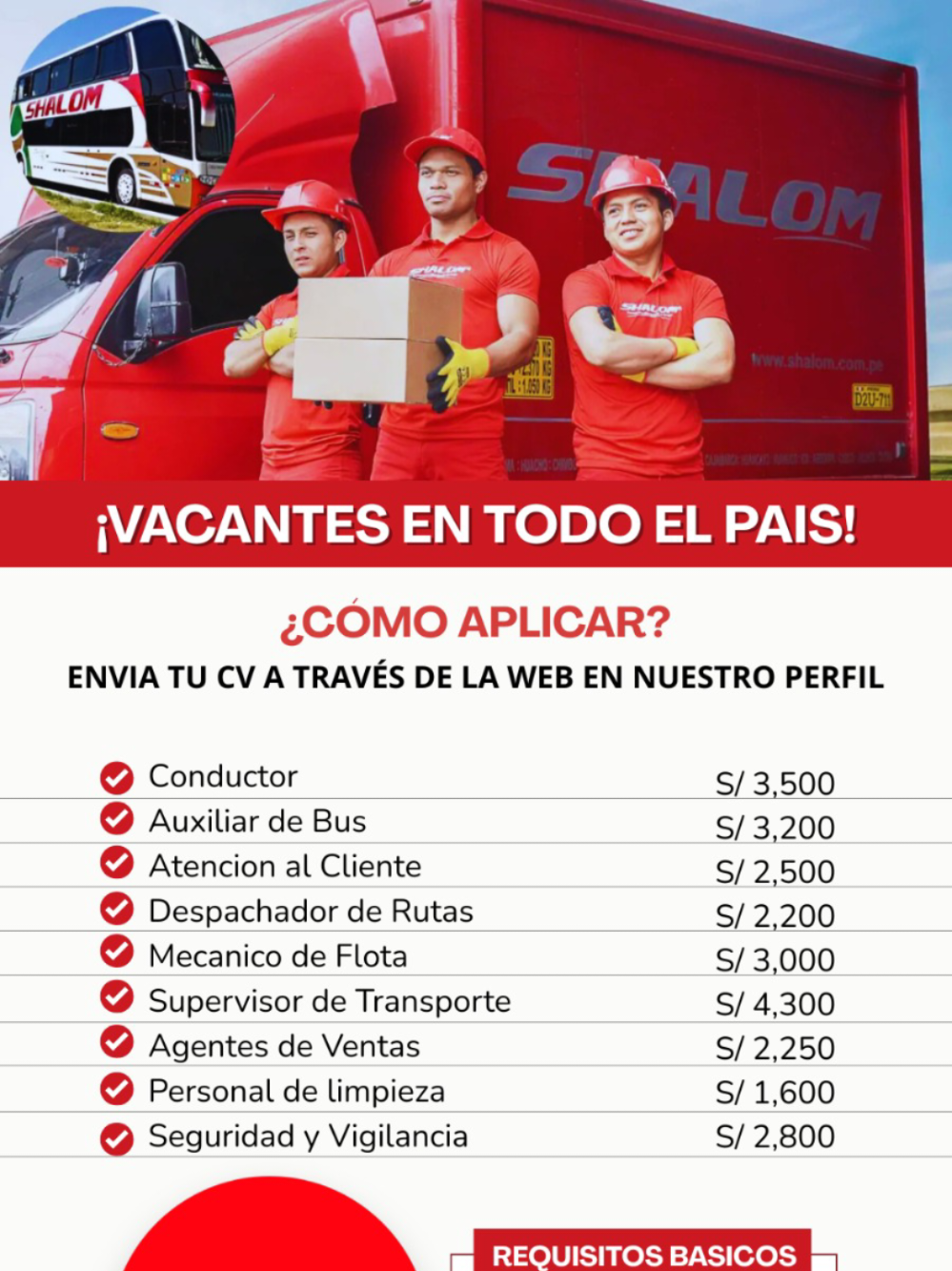 🚚🔥 ¡TRABAJA EN SHALOM! – GRAN OPORTUNIDAD DE EMPLEO A NIVEL NACIONAL 💼📦 ¿Buscas estabilidad, buen sueldo y una empresa líder en logística? Transportes SHALOM está en búsqueda de nuevos talentos para cubrir puestos en diversas áreas. ¡Con o sin experiencia, tú puedes postular hoy mismo! ✅ PUESTOS DISPONIBLES: 🔹 Auxiliares de almacén 🔹 Choferes A2B, A3B, A3C 🔹 Operadores logísticos 🔹 Asistentes administrativos 🔹 Coordinadores de despacho 🔹 Montacarguistas 🔹 Supervisores de ruta 🔹 Practicantes técnicos y profesionales 📋 REQUISITOS: ✔️ Secundaria completa / Técnico / Universitario (según el puesto) ✔️ Licencia vigente para puestos operativos (choferes, montacarga) ✔️ Disponibilidad para trabajar en turnos rotativos o jornada completa ✔️ Actitud proactiva y trabajo en equipo ✔️ Experiencia previa (no indispensable en todos los casos) 🎁 BENEFICIOS: 💸 Sueldo competitivo + bonos por desempeño 📄 Ingreso a planilla desde el primer día con todos los beneficios de ley 🚀 Capacitación constante y línea de carrera 🛍️ Estabilidad laboral en empresa sólida y reconocida 🧠 Ambiente dinámico y profesional 📝 ¿CÓMO POSTULAR? 📲 Postula desde la web oficial de SHALOM o comenta 