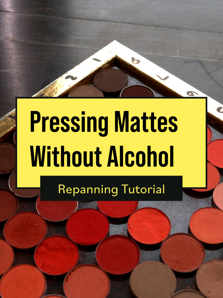 How to press matte eyeshadows — WITHOUT ALCOHOL! (full transcript below) I figured it was time to do an update of my pressing tutorials, since they've only had one update since I first posted them in 2020. I hope you find them helpful, and please do leave a comment or shoot me a DM if you have any questions! /**TRANSCRIPT**/ If you're matte eyeshadow breaks, you're screwed, right? Wrong! Today I'm going to teach you how to repress mounts without alcohol. Here's what you're going to need: grab a depotting tool, some smooth paper, Kleenex, ￼something to grind with, something to press with, ￼and of course, ￼some pans. What you do not need is any alcohol or binder. Use your depotting tool to dig out the product from the pan onto your piece of paper and grind it up. You can use a palette knife, a credit card, or even the butt of a makeup brush, but I prefer to use a mortar and pestle. You might find that the product forms soft clumps. That's okay. What's not okay are pieces of hard, shiny bits that crunch. If anything is crunching or you hear any sound at all. You need to grind more. Now we're going to press the powder into the pan in two even layers. For the first layer, fold up your paper loosely and pour the product into the pan. Take your palette knife and just siphon off the top. Then, lay the Kleenex over the top, drop in your pressing tool, and press as hard as you can. I like to use my hands, but some people prefer to use other tools, like a coffee tamper. (shoutout to @martesmakeup for this genius method!) Repeat the process again for the second layer: Pour, pat down the product, and press. Once your second layer is in, we're going to do a quick tap test before we're done. Turn the pan over and lightly tap a couple of times on the back of the pan. If anything falls out or looks wrong, just grind it up and try again. You really can't mess this up. And you're done! It's now ready to be stored with your other shadows. If you have any questions, let me know down below and I will see you out there on the internet!